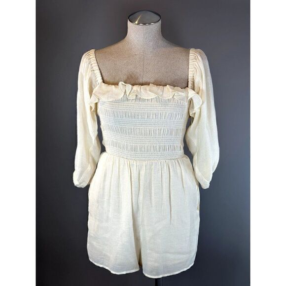 Lush NWT Off-Shoulder Peasant Smocked Romper in Ivory Size S - Picture 1 of 3